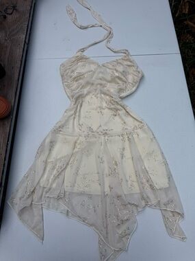 Vintage Taboo  Ivory Halter Handkerchief Hem Dress with Gold Sparkle